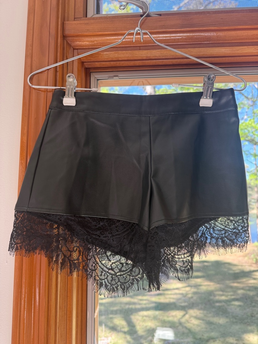 Forever 21 Black Faux Leather Lace-Hem Shorts